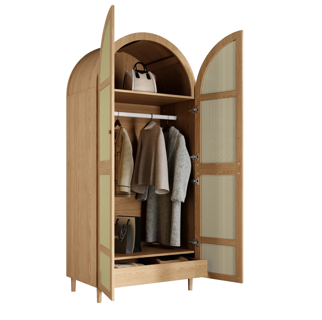 Armadio moderno 80x50x179 cm con ante in rattan e cassetti