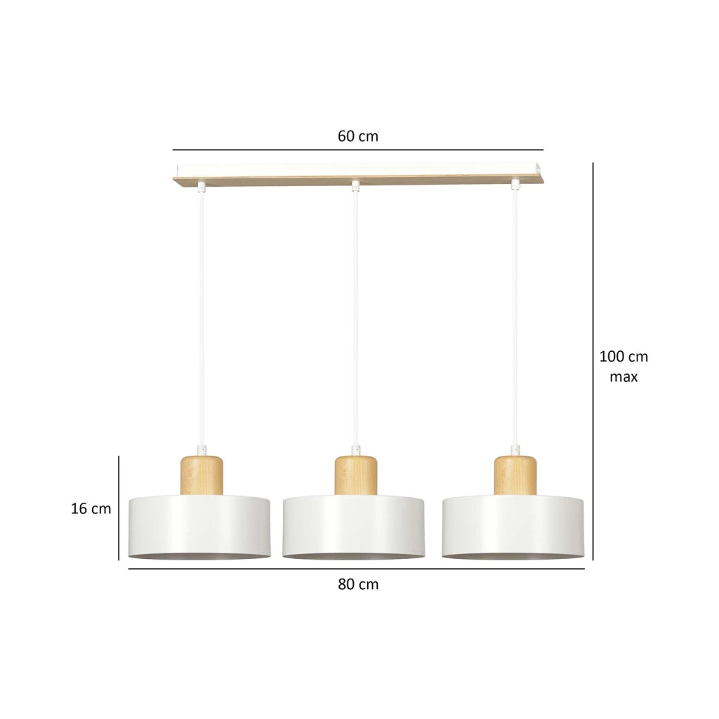 Sospensione Nordica 3 Luci Surya In Acciaio Bianco E Legno