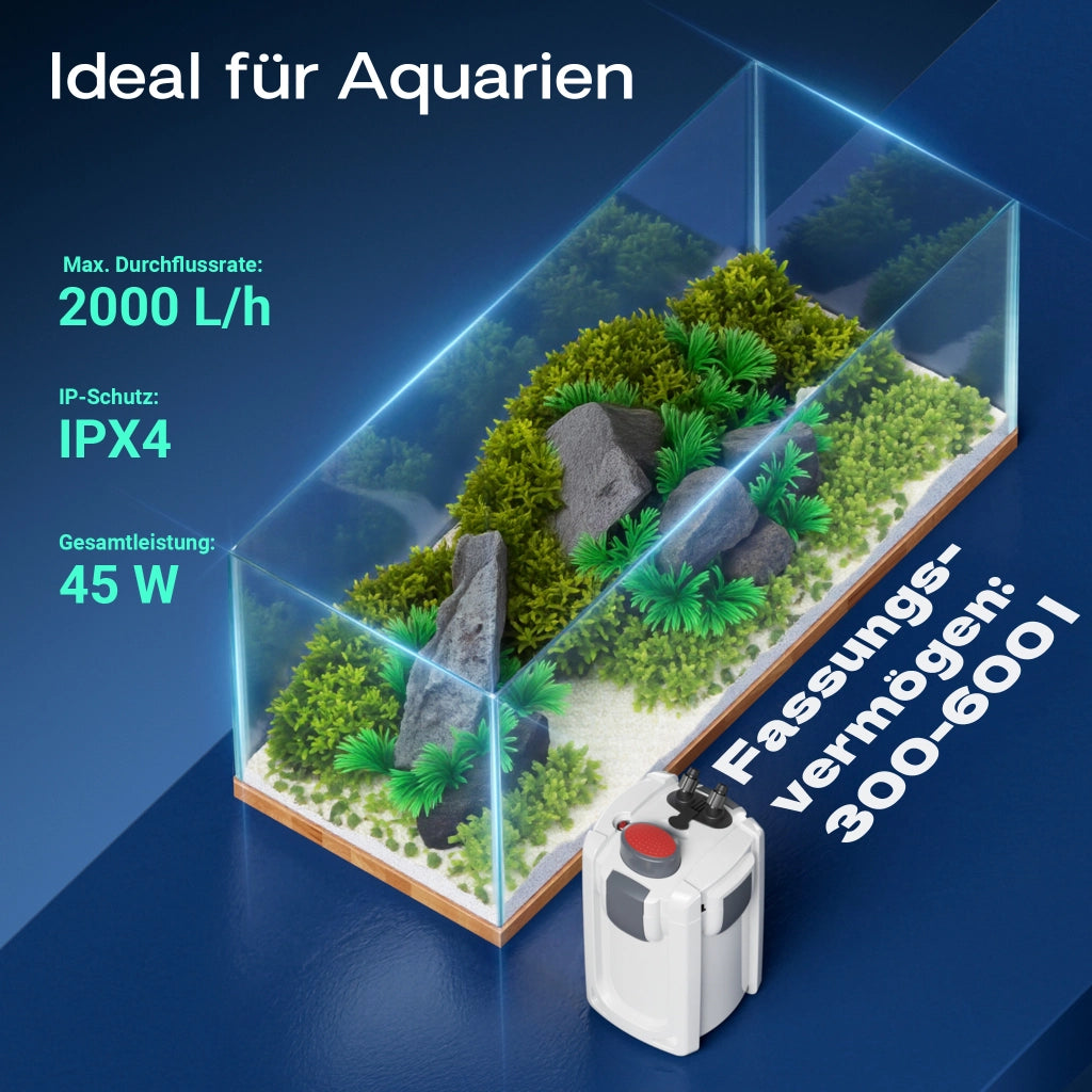 HW-704A Filtro esterno per acquari fino a 1000 litri, con pompa da 2.000 l/h, filtro a 4 stadi con mezzi e spugne filtranti inclusi