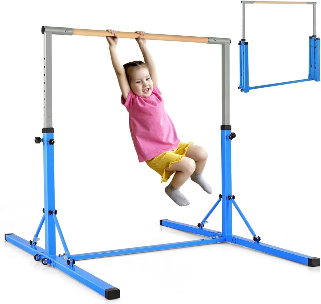 KOMFOTTEU Barra da ginnastica per bambini, barra orizzontale con altezza regolabile a 13 livelli, barra da allenamento in metallo e legno, attrezzatura da palestra con carico di 100 kg