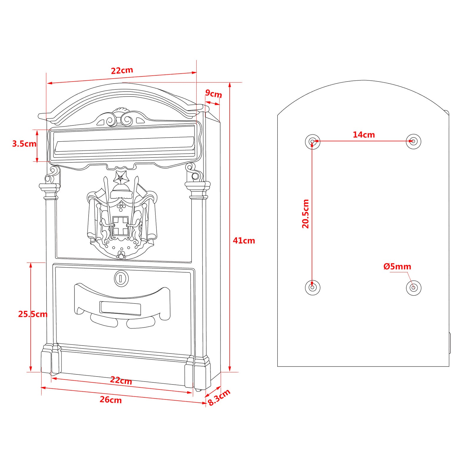 Cassetta postale classica con stemma colore bianco 260 x 90 x 400 mm