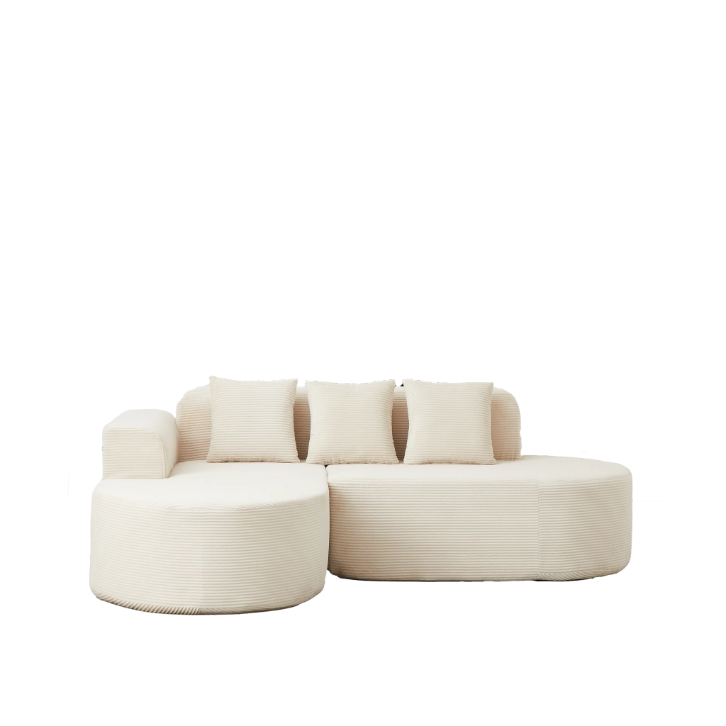 Divano modulare a L in velluto a coste beige con chaise longue curva; 220 cm