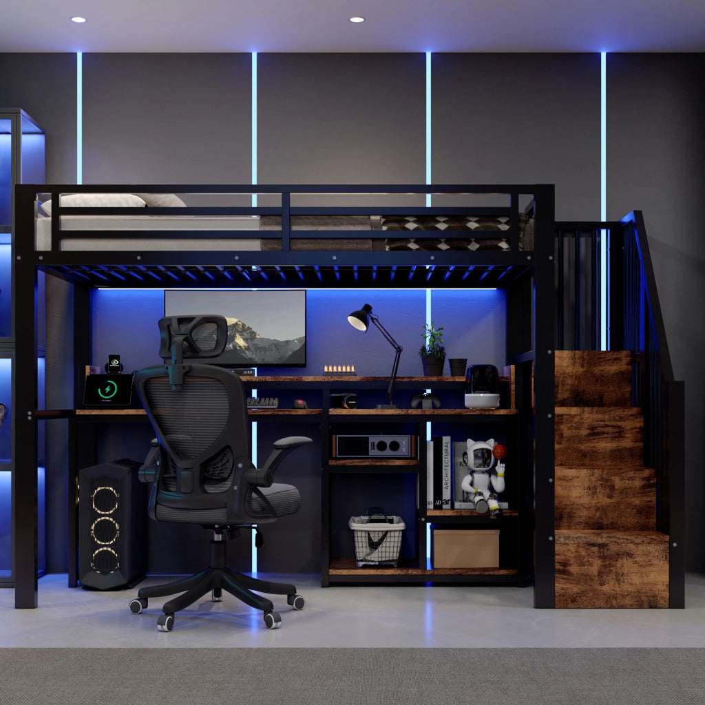 Letto a soppalco in metallo 90x200 cm, letto alto per bambini e ragazzi con scala contenitore, prese USB/Type-C, ripiano e illuminazione LED, nero