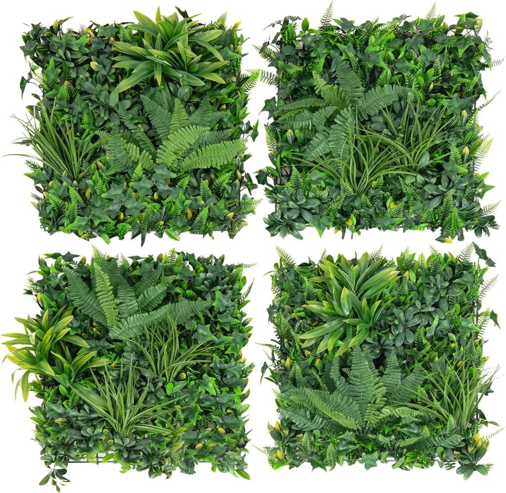 Pianta Finta 50 x 50 cm 4 Pezzi, Piante Artificiali da Interno ed Esterno, 4 Tappetini Erbosi Finti con Foglie Diverse per Decorazione da Giardino e Salotto