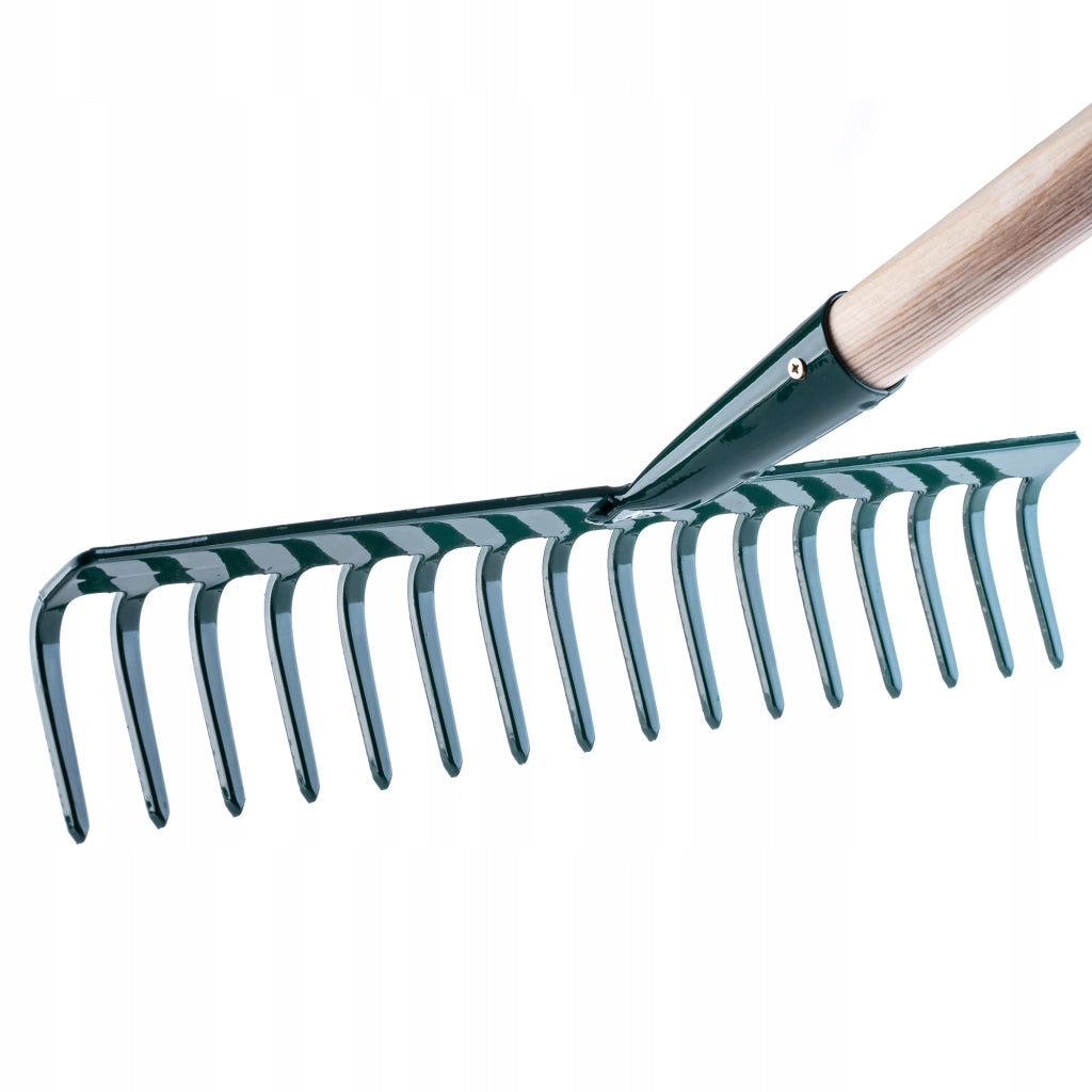 Rastrello per foglie KADAX, per giardino ed erba, con manico in legno, 138 cm, rastrello solido a 16 denti.