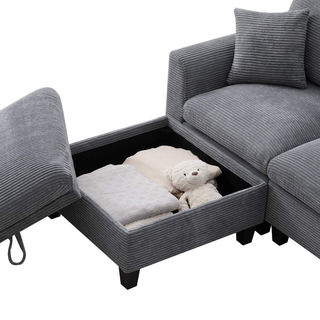 DIVANO ANGOLARE L-Forma 229x149,5x83 cm in Corduroy Grigio con pouf e 2 cuscini