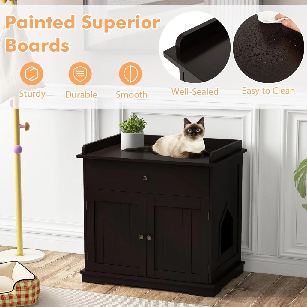 Mobile Lettiera per Gatti con 2 Ante e Cassetto, Armadio per Gatto in Legno con Ingresso Laterale, Grotta Rifugio Multiuso per Soggiorno, Camera da Letto e Ingresso, 76 x 53 x 74 cm