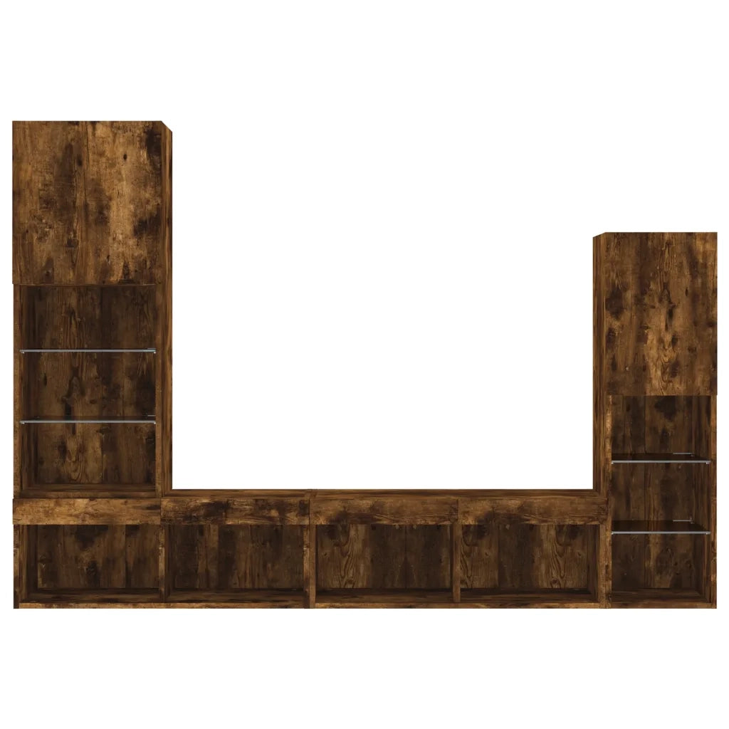 Mobili TV a Muro con LED 4pz Rovere Fumo in Legno Multistrato