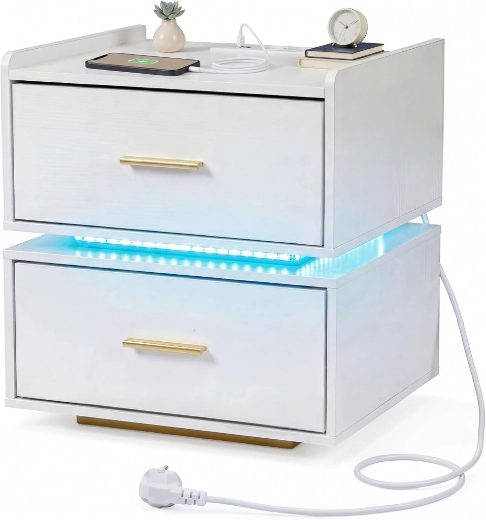 Comodino con stazione di ricarica, comodino con illuminazione a LED e telecomando, 2 cassetti, per soggiorno, camera da letto, ufficio, 45 x 40 x 48 cm (nero)