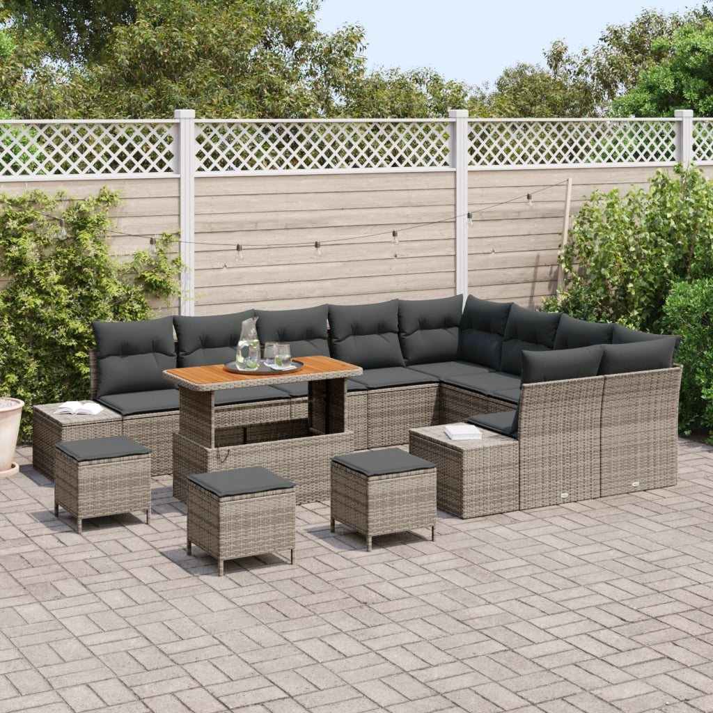 Set Divano da Giardino da 13 Pezzi con Cuscini Grigio Polyrattan Acacia