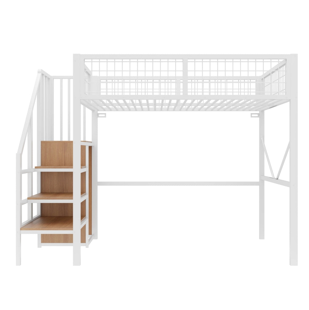 Letto a soppalco 140x200 cm con scala contenitore; LED e sponda in metallo; bianco