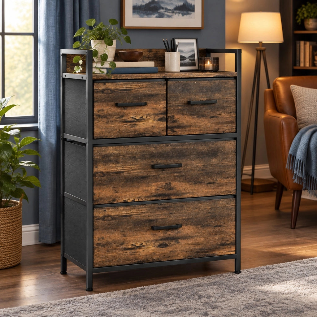 Cassettiera ULEVR 60x29x85 cm con 4 cassetti in tessuto e ripiano superiore, marrone rustico e nero