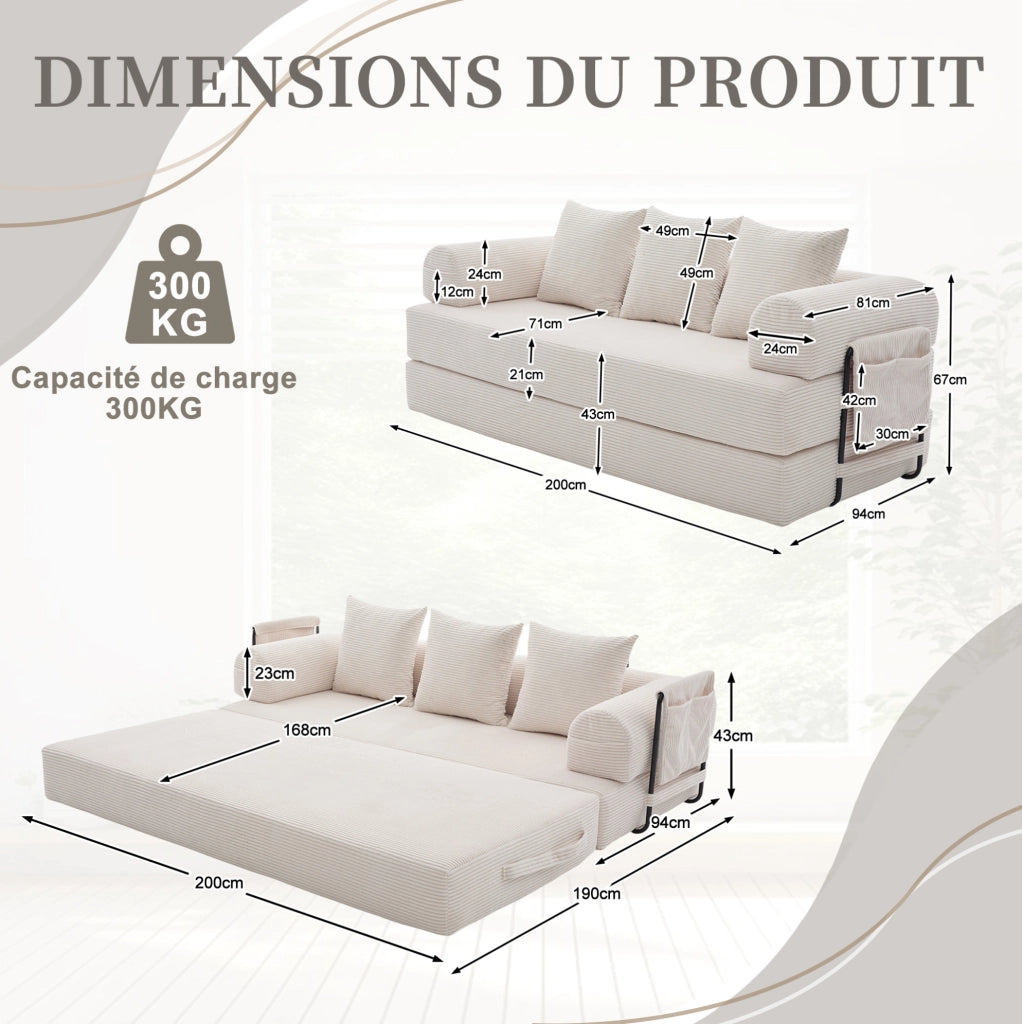 Divano modulare in velluto a coste beige con 3 cuscini; tasca laterale; 200x94x67 cm