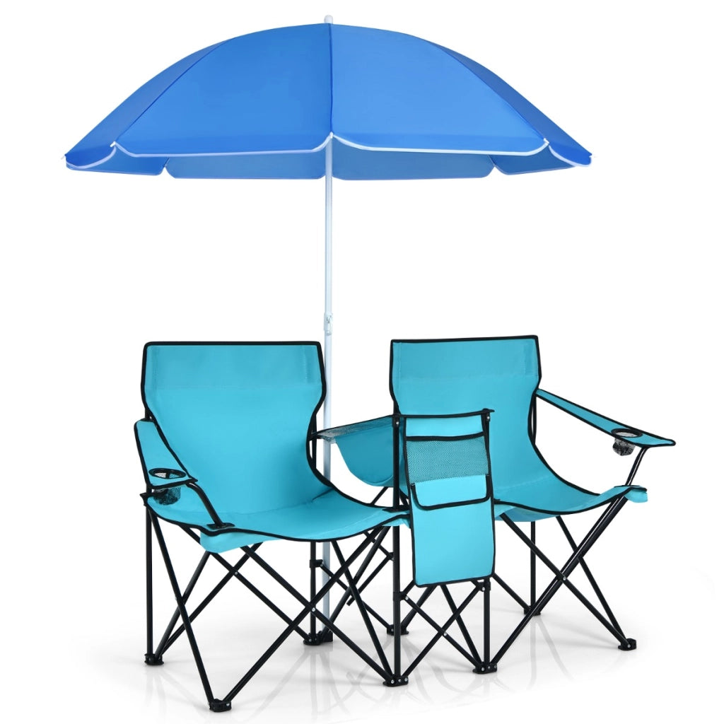 Sedia da picnic in acciaio portatile e pieghevole-Sedia da esterno con ombrellone mini tavolo porta bevande Azzurro