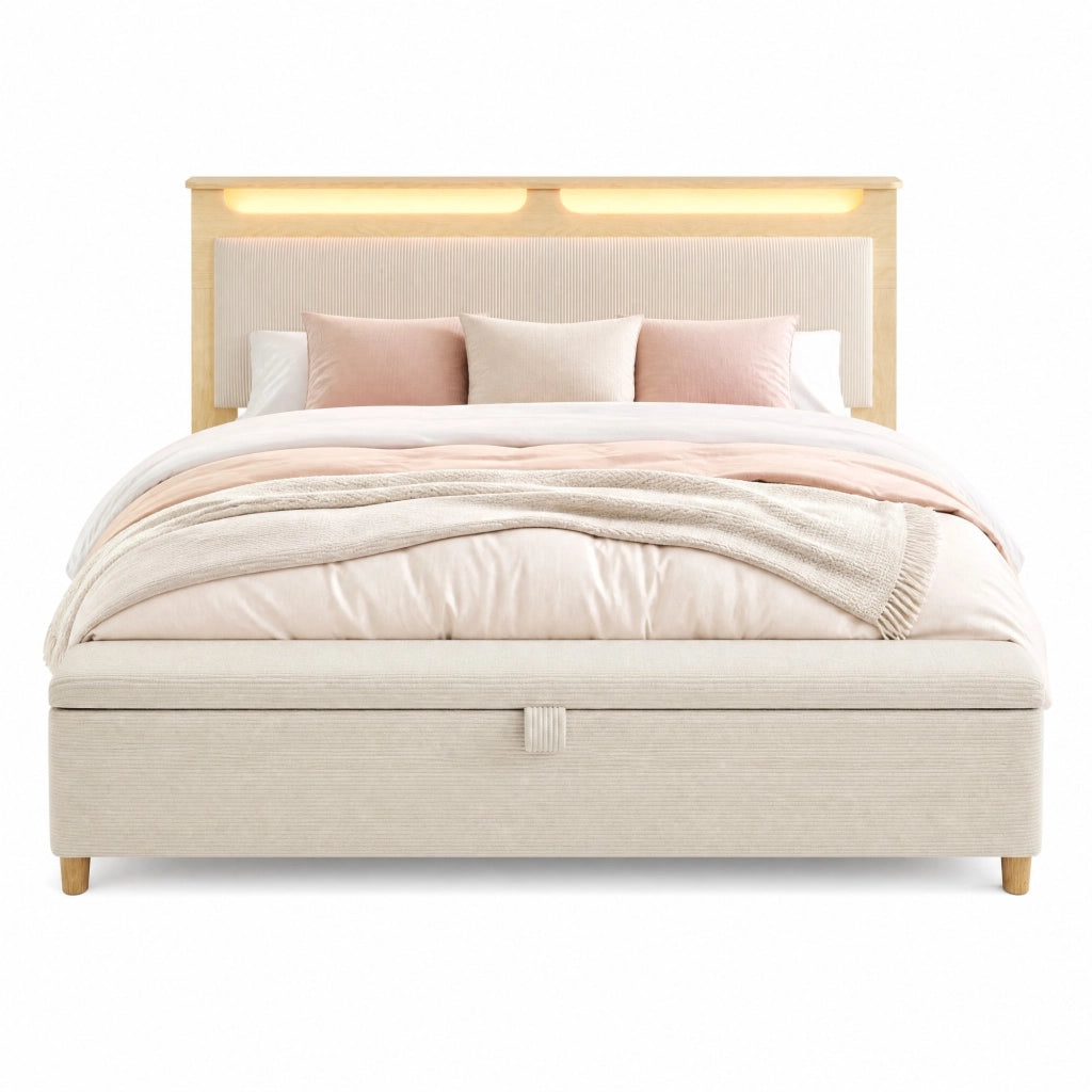 Letto matrimoniale 140x200 cm in legno effetto rovere chiaro con testiera LED, panca contenitore e materasso