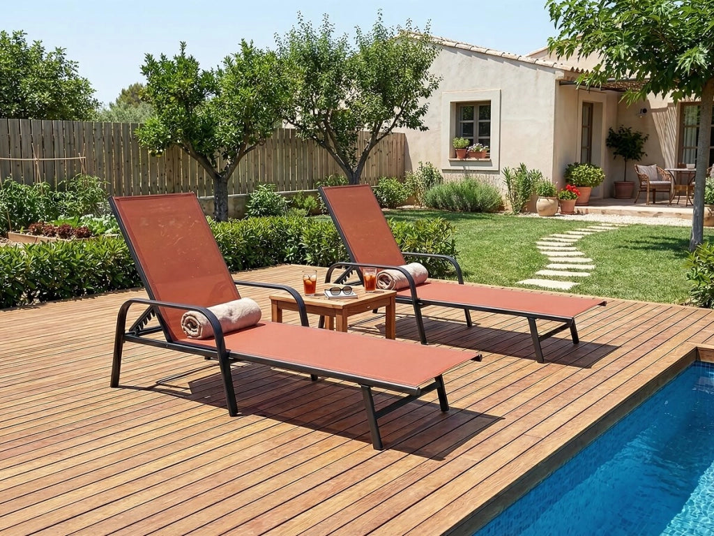 Set di 2 lettini "Farniente" in metallo con braccioli - Terracotta