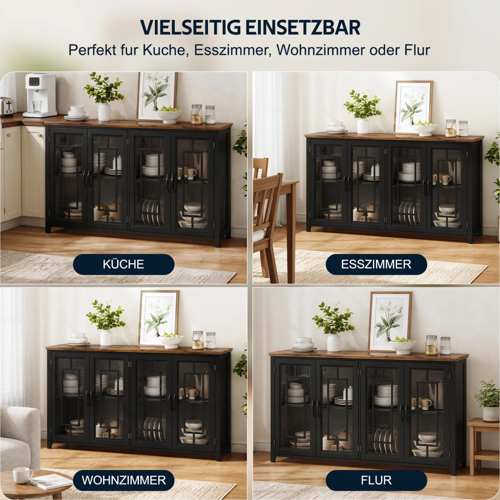 Credenza e madia con ante in vetro e 2 vani, piano effetto legno, per cucina e soggiorno, nero 160 × 40 × 86 cm