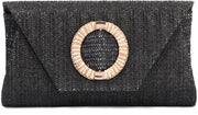 Clutch raffia per donne - elegante borsa crossbody in paglia per estate, spiaggia, matrimoni e occasioni formali, borsa con cinturino removibile, nero