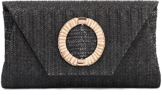 Clutch raffia per donne - elegante borsa crossbody in paglia per estate, spiaggia, matrimoni e occasioni formali, borsa con cinturino removibile, nero