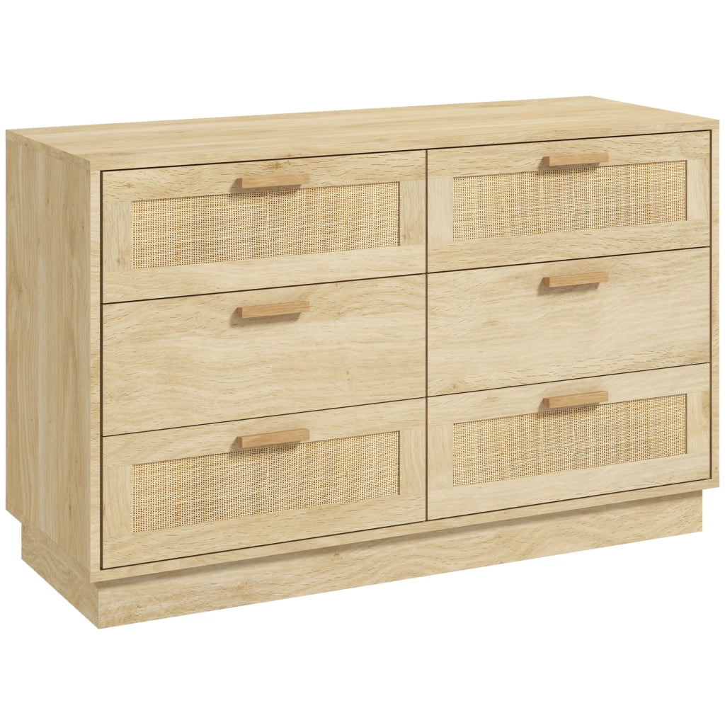Cassettiera 6 Cassetti Stile Boho 110x40x69 cm in Legno e Rattan Rovere