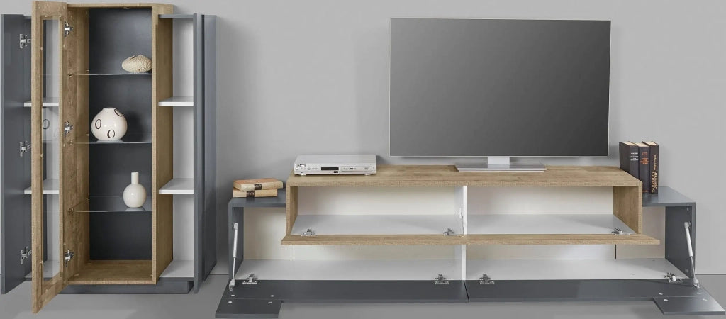 Parete attrezzata moderna antracite e legno mobile porta TV vetrina Woud AP