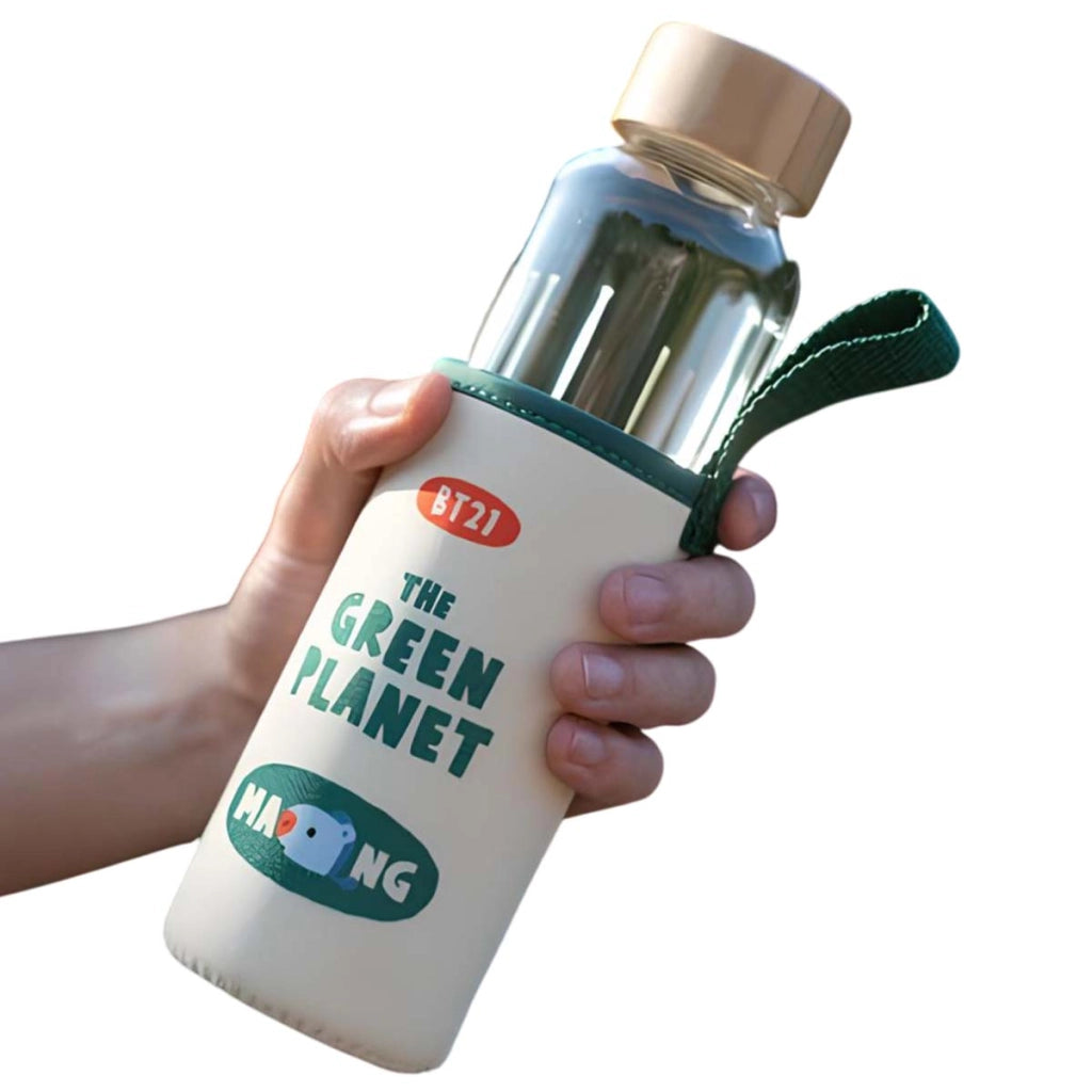 Borraccia in vetro riutilizzabile da 500 ml con motivo MANG e custodia Bianco / Verde Line Friends BT21