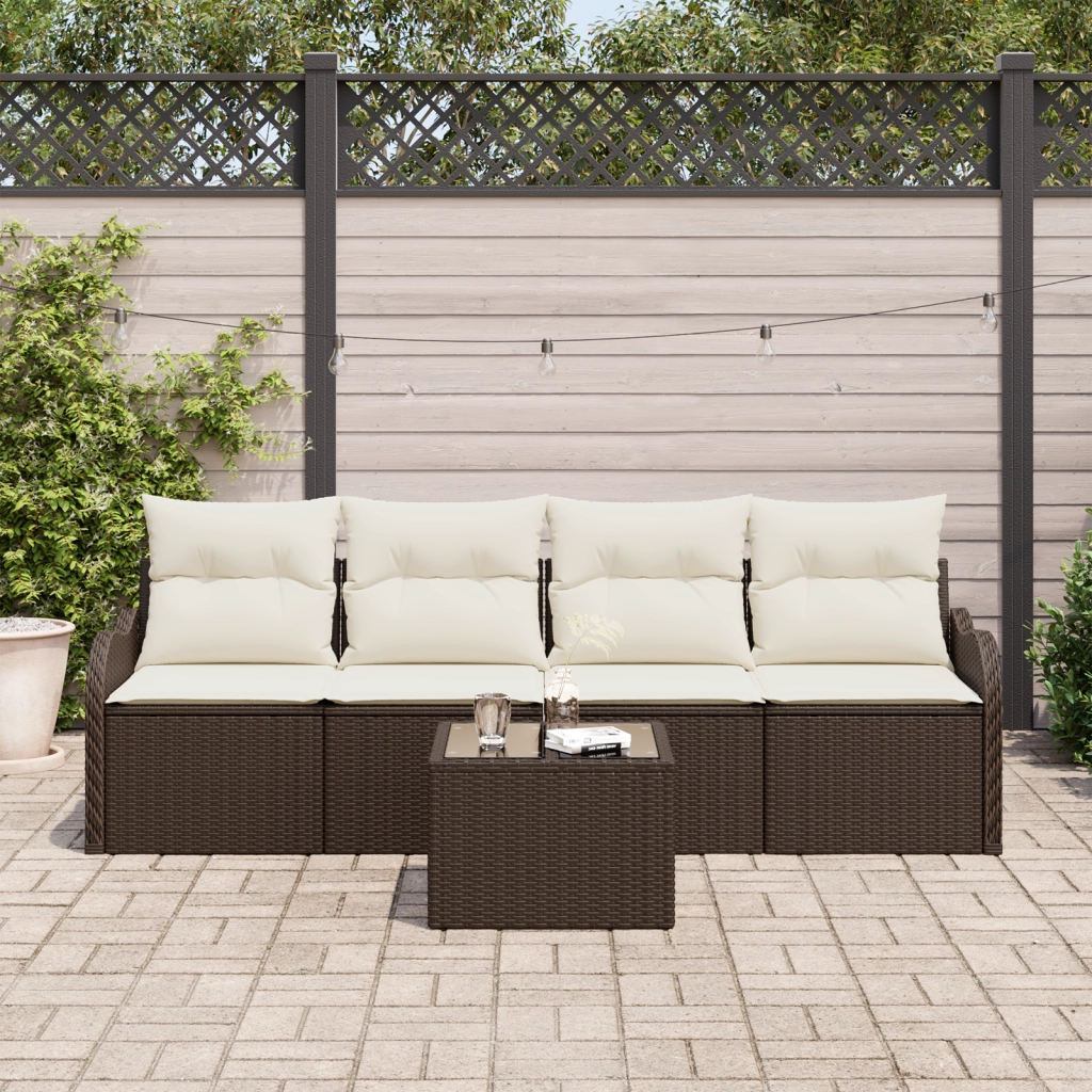 Set Divano da Giardino 5 Pezzi con Cuscini Marrone Polyrattan