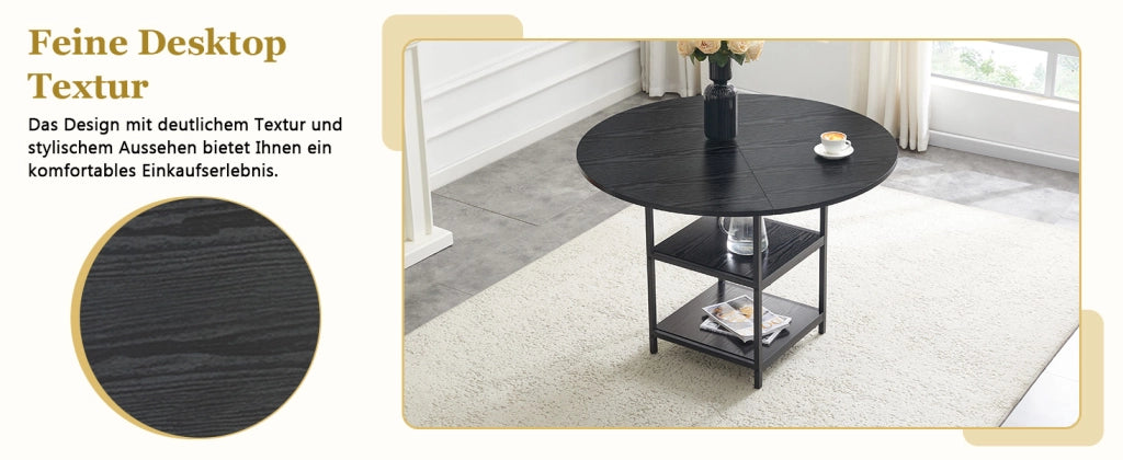 Tavolo da pranzo rotondo per 2-4 persone con doppio ripiano aperto, in MDF e metallo, nero, diametro 107 cm