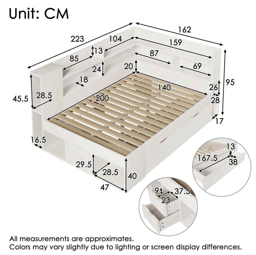 Letto da giorno 140x200 cm bianco con materasso; LED; cassetti; USB e Type-C