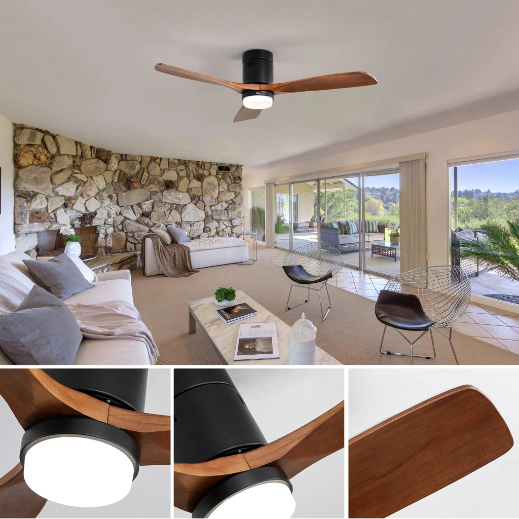 Ventilatore da soffitto 132 cm con luce LED 18W, 3 pale in legno, nero
