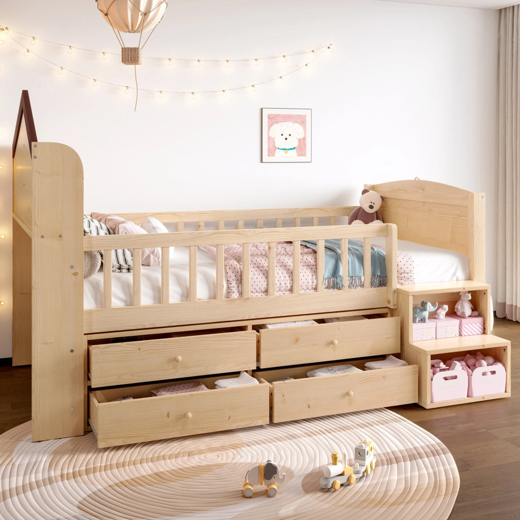 Letto a soppalco basso 90x200 cm in legno di pino, forma casa con LED, 4 cassetti e scala, Naturale