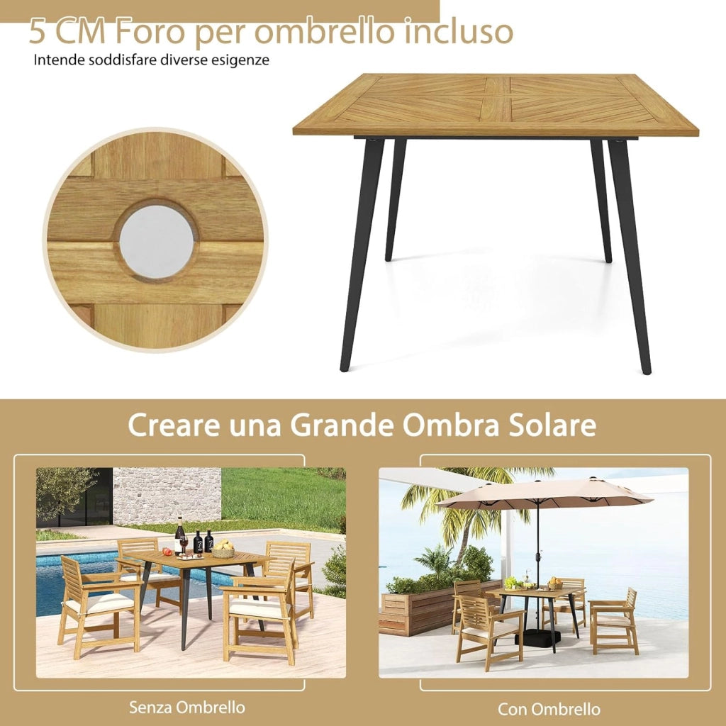 Tavolo da Esterno in Legno di Acacia, Tavolo Rettangolare con Struttura in Acciaio, Foro per Ombrellone 5 cm, Tavolo Pranzo Giardino per Giardino Cortile Balcone, Portata 75 kg (107 x 107 cm)