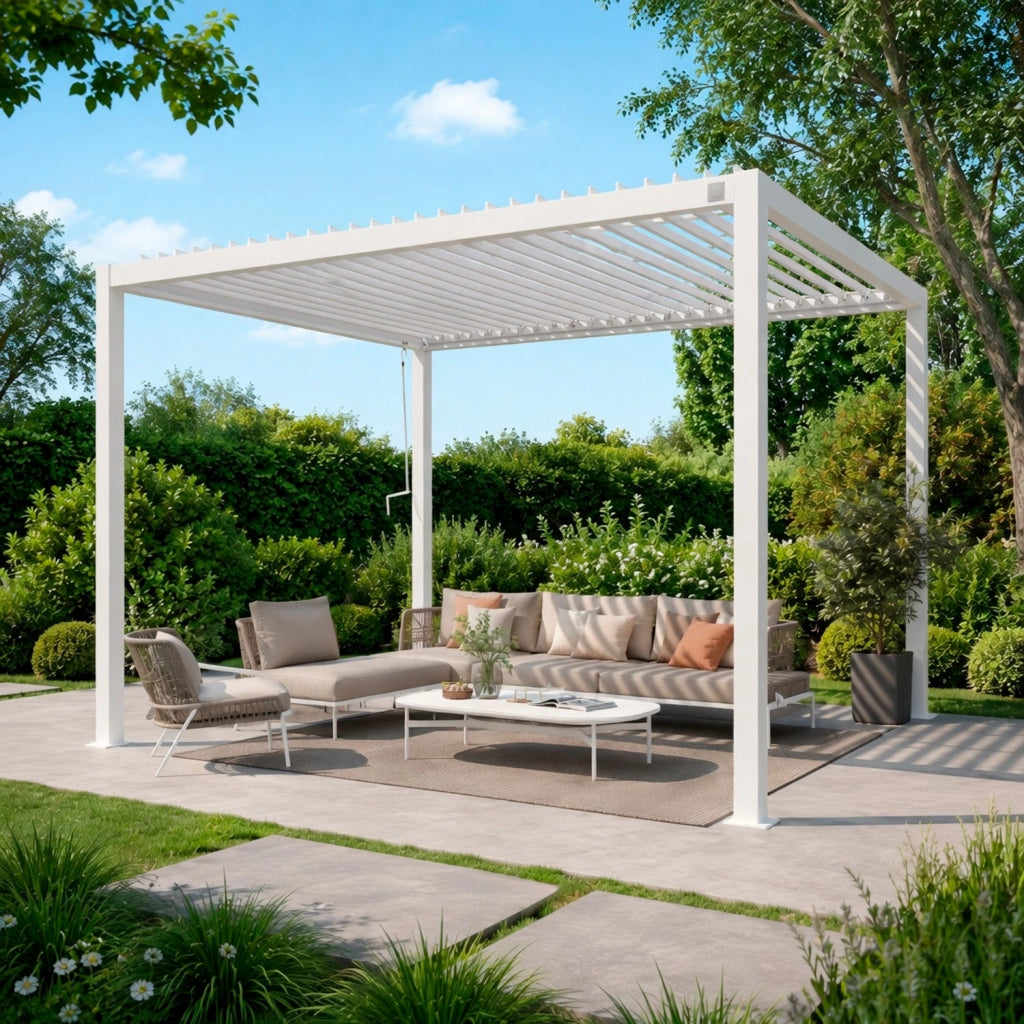 Pergola Gazebo Bioclimatica 3X4 Metri Con Tetto A Lamelle Orientabili Sistema Di Drenaggio Struttura In Acciaio E Alluminio Resistente Ai Raggi UV Per Giardino Terrazza E Piscina Bianco Opaco