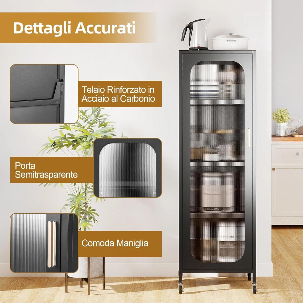Mobile da Cucina in Metallo a 5 Ripiani, Credenza Salvaspazio con Mensole Regolabili 4 Ruote, Base Intercambiabile e Porta Semitrasparente, Organizzatore per Sala da Pranzo, Soggiorno (Nero)