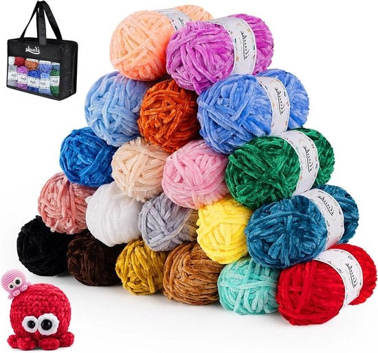 Set di filo di chenille morbido da 20 x 30 g - filo di seta per maglia e uncino - progetti di artigianato e DIY