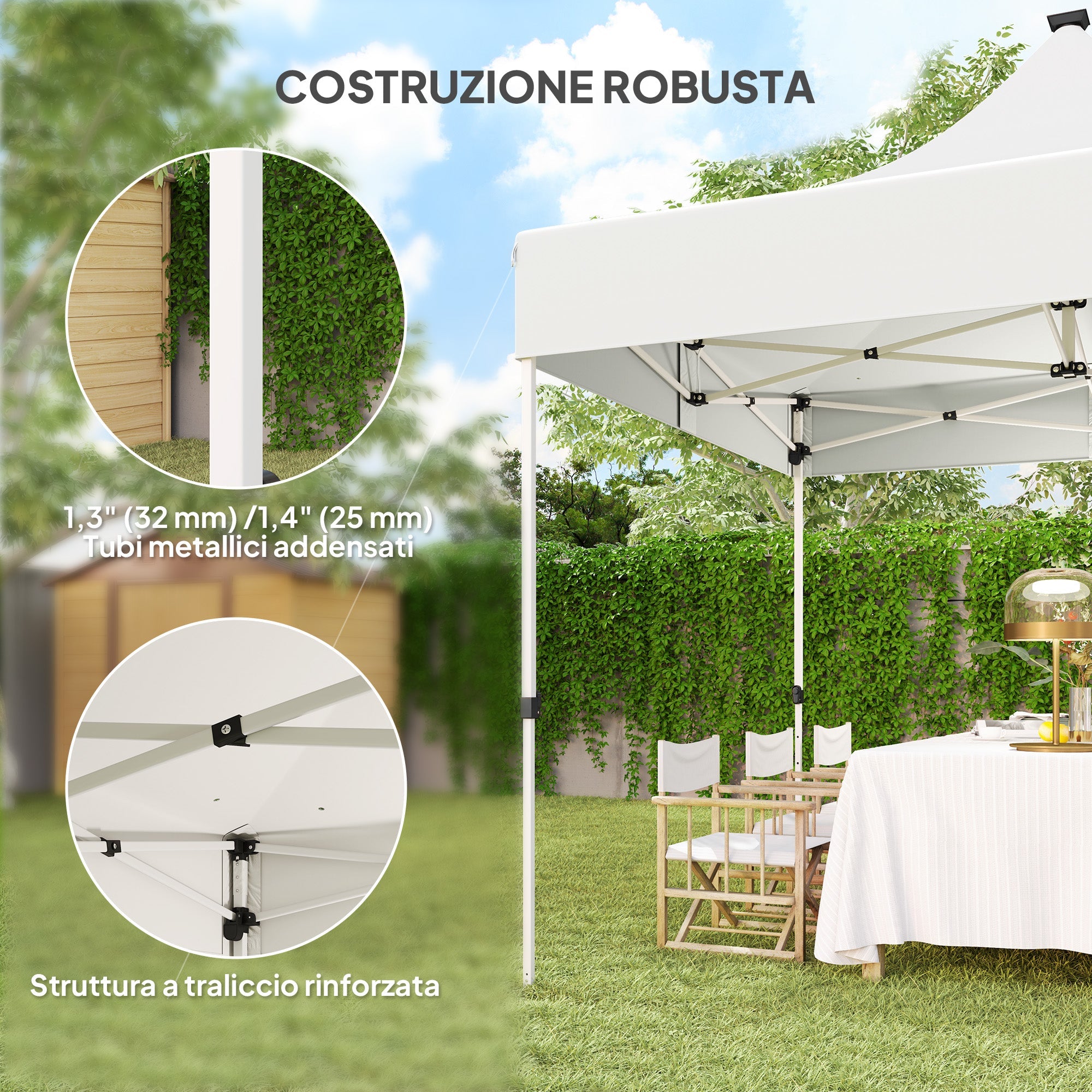 Gazebo da Giardino Pop Up 300x300x340 cm con Luci LED Solari e Altezza Regolabile Bianco