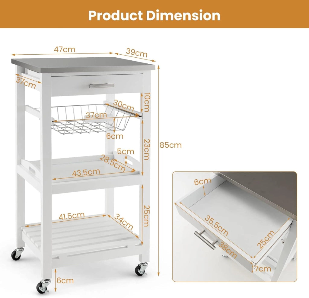 Carrello da Cucina a Rotelle con Mensole, Cassetto, Carrello di Servizio, Stile Moderno per Cucina e Soggiorno, 47x39x85 cm, Bianco/Nero (Bianco)