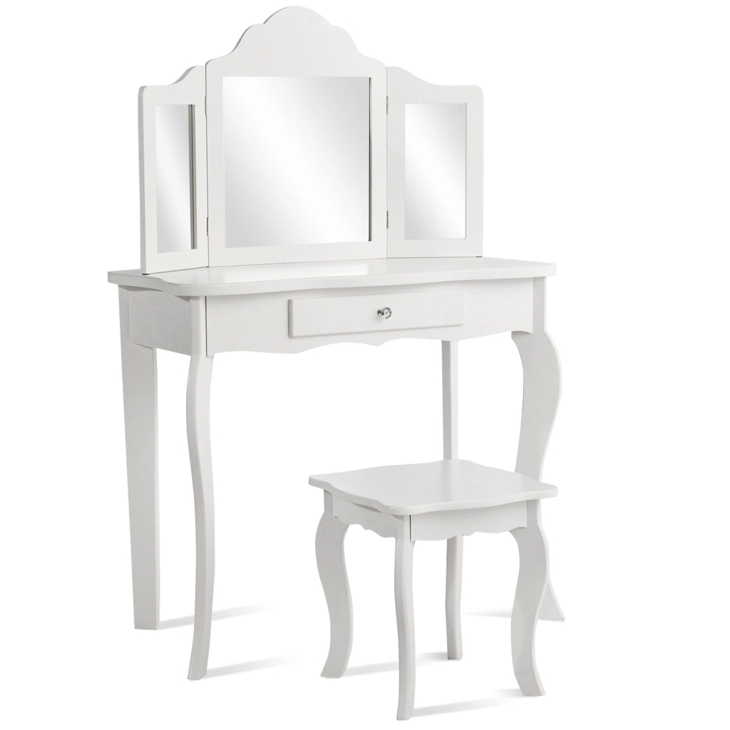 Set toeletta per bambini, Tavolo toeletta principessa con sgabello specchio pieghevole, Bianco-Toelette per bimbi