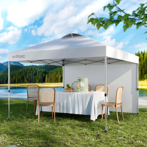 Gazebo pieghevole pop-up bianco, 3 x 3 m con parete laterale e ruote