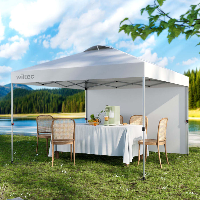 Gazebo pieghevole pop-up bianco, 3 x 3 m con parete laterale e ruote