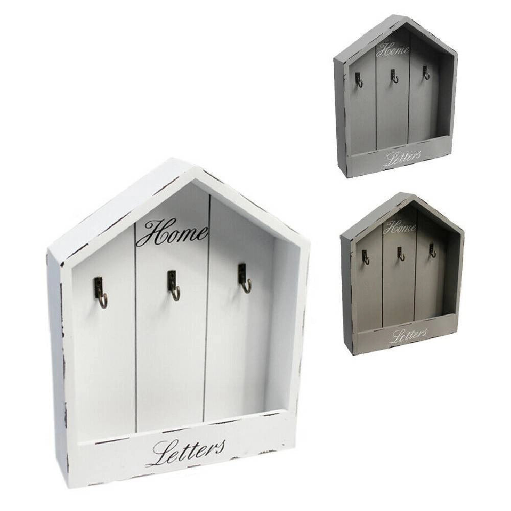 Trade Shop - Cassetta Portachiavi Da Parete In Legno 3 Posti Shabby Con Mensola Portalettere -