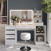 Tavolo da toeletta Sherry, Bianco/bianco lucido, 158.2 cm 4 parti, con illuminazione LED e sgabello imbottito