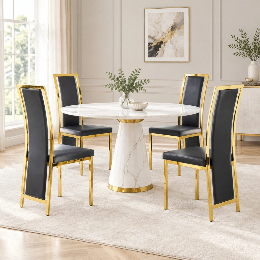 Set di 4 sedie da pranzo 109 cm in PU e metallo; nero e oro; imbottite