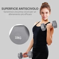 Set 2 Manubri Esagonali da 2x10 kg in Metallo e Plastica con Impugnatura Antiscivolo, 26x12x12 cm, Grigio