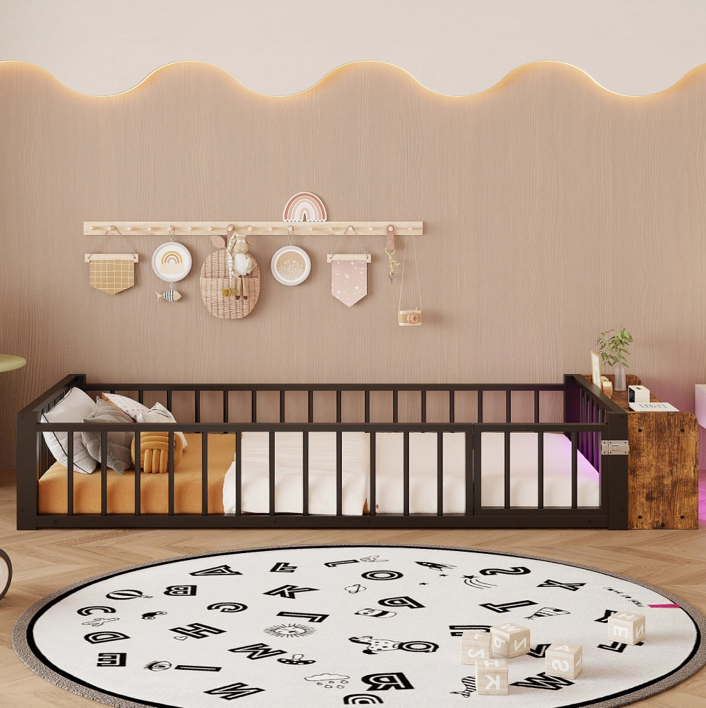 Letto 90x200 cm con sponda; vano portaoggetti e LED in metallo e MDF