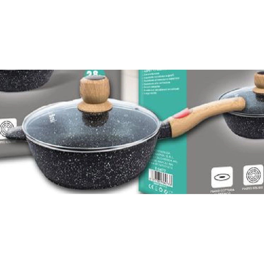 Trade Shop - Padella Tonda Con Manico In Legno Coperchio In Vetro 28cm 3,45lt Cucina T-9477 -