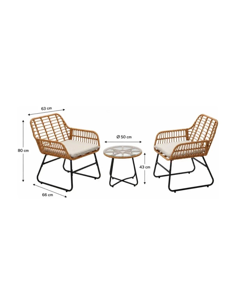 Set da giardino HAVENA 2 posti in rattan marrone con cuscini grigi e tavolino