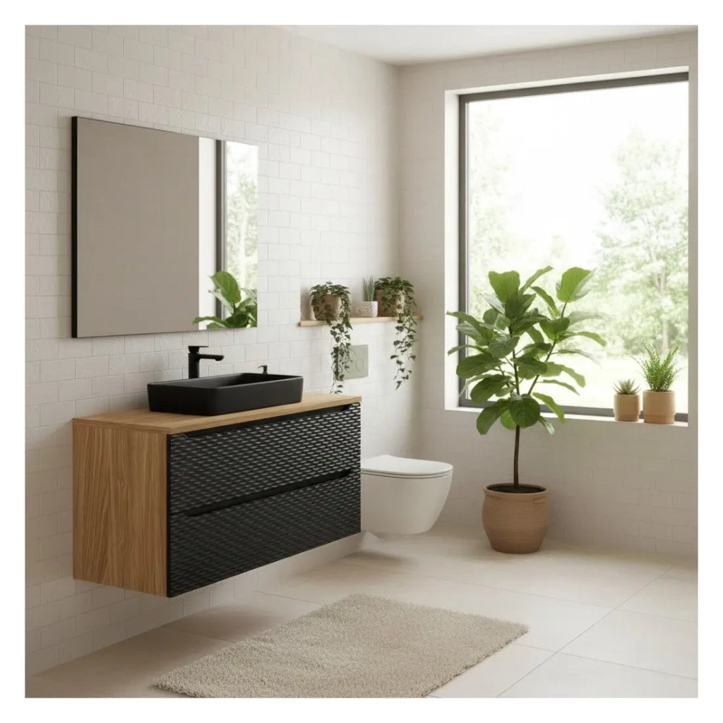 Set da bagno YOKA nero: mobile sotto lavabo con cassetti 120 cm + piano per lavabo + lavabo da appoggio