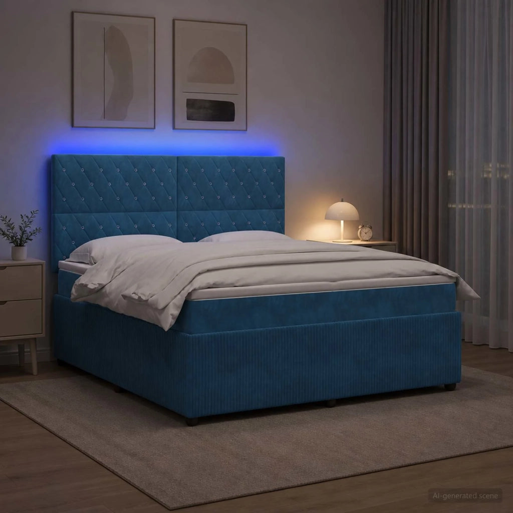 Letto Box Spring LED con Materasso Blu 140 x 190 cm Velluto 3456063