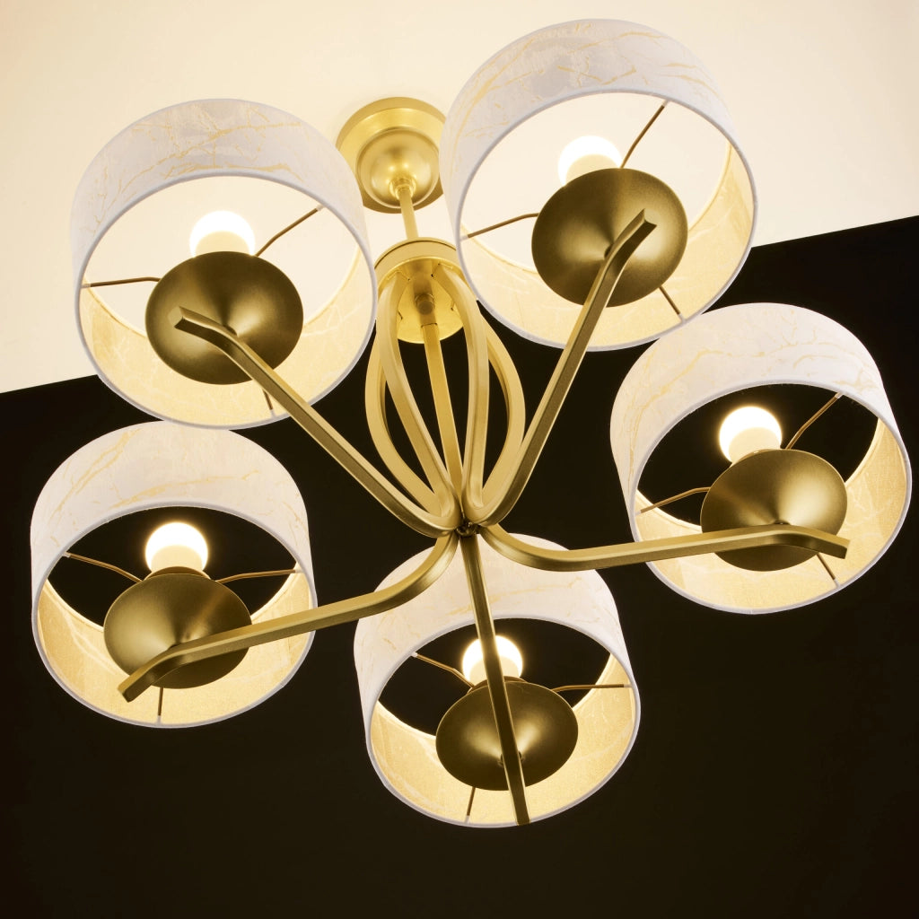 Lampadario Jupiter Kaszmir 5 luci oro con paralumi bianchi